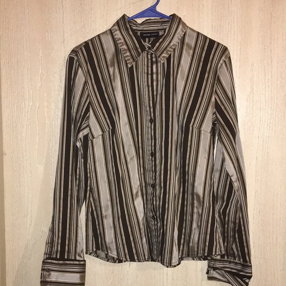 New York & Co Stretch Brown Multi Collared Button Down Long Sleeve M